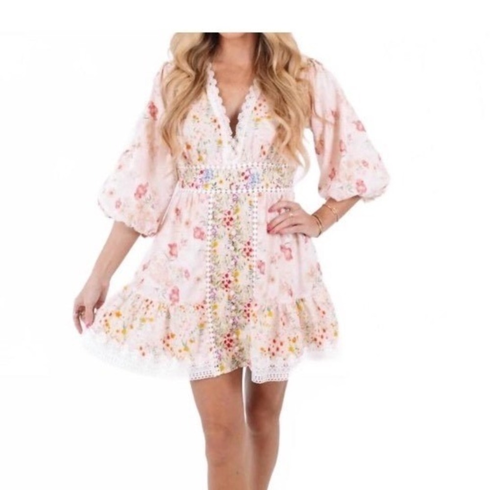 FORE COLLECTION meadow blooms‎ mini dress in multi pink size L cottagecore Lace - Picture 4 of 11